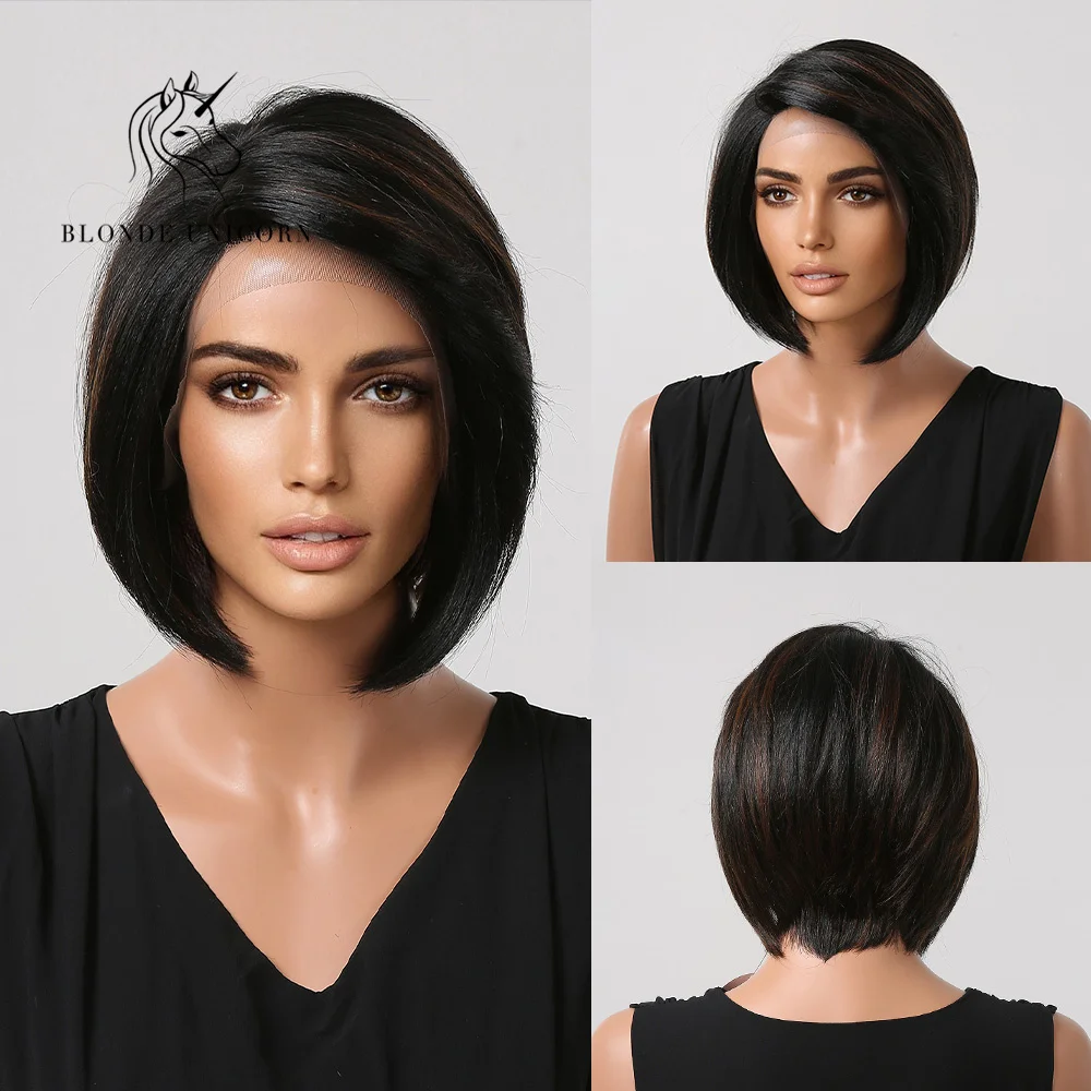 

Blonde Unicorn Short Bob Synthetic Wig Mixed Black Brown Wig Lace Front Wig Part Wig for Women High Daily Use Heat Resistant