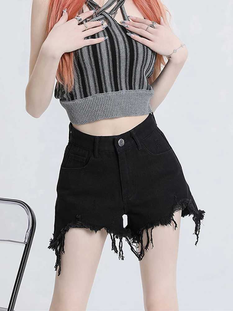 Spring Summer Women High Waist Raw Hem Hole Black Denim Shorts Streetwear Female Wide Leg Button Jeans Shorts Bottoms