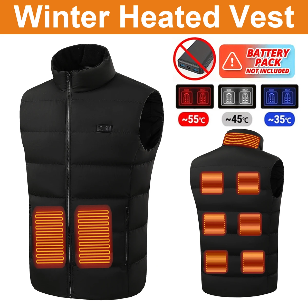 Мужской жилет с подогревом зимний теплый уличный USB и 9 нагревательными