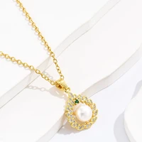 2022 new small pearl leaf hollow circle pendant necklace retro style zircon clavicle chain female elegant necklace