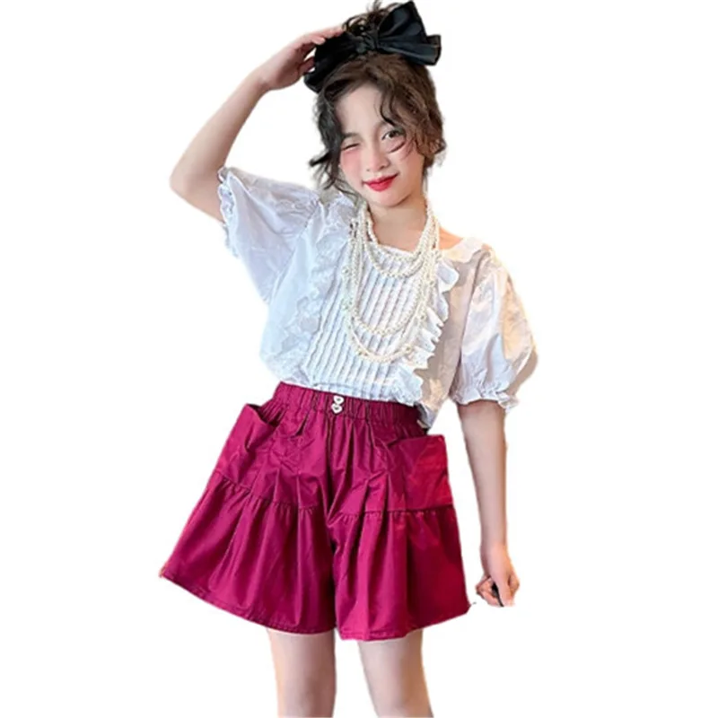 

Children Clothes Summer Suits Ruched Top+Shorts 2pcs Teen Girl Fashion Streetwear Outfits Kids Korean Casual Costume 8 10 12 14Y