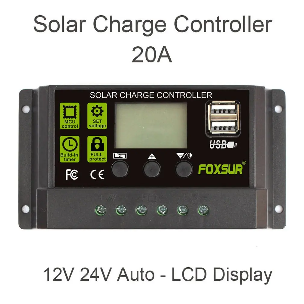 

FOXSUR 20A Auto Solar Charge Controller PWM Controllers LCD Dual USB 5V Output Solar Panel PV Regulator Drop Shipping