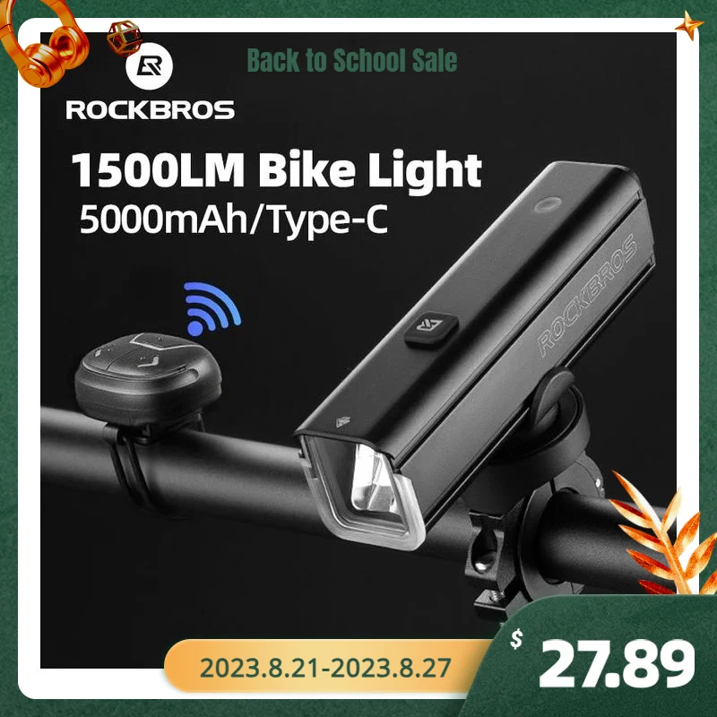 

ROCKBROS 1500LM Bicycle Light 5000mAh LED Lamp Waterproof Flashlight Control Cycling Front Light Remote Control Type-C Headlight