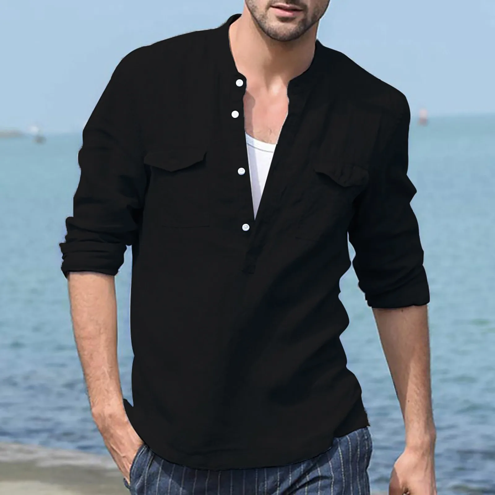 

Summer Men's Casual Shirts Fashion Cotton Linen Solid Color Long Sleeve Shirts Loose Stand Collar Male Shirts Camisas