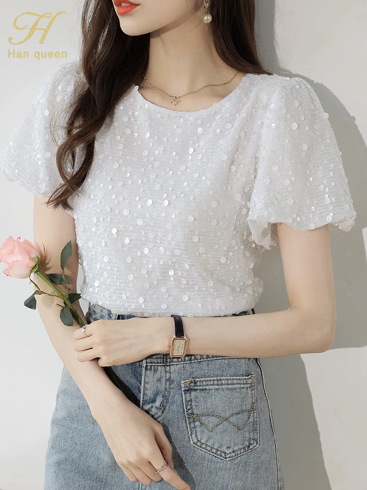 

H Han Queen 2023 New Summer Women Vintage Tops Short Sleeve Fashion Sequins Casual Chiffon Blouse Puff Sleeve Chic Office Shirts