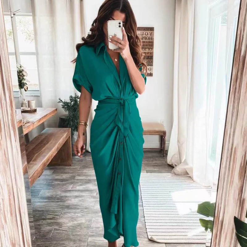 

Elegant Women Shirt Dress Summer Casual Printed Short Sleeve Long Dresses Vintage Waist Tie-up Ruched Bandage Beach Dress Robe