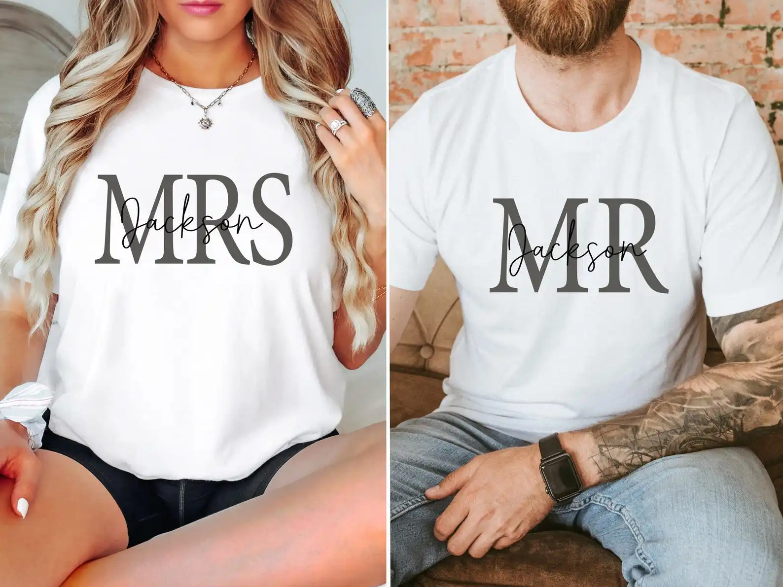 Фото Персонализированные парные футболки для семьи с именами Mr & Mrs, подарки на День святого Валентина и свадьбу, униформа для пары на годовщину №1