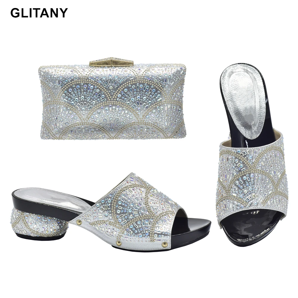 

New Arrival Sliver Color Shoes and Bag Sets for Women Matching Shoes and Bag Set Decorated with Rhinestone Nigerian Shoes Bag