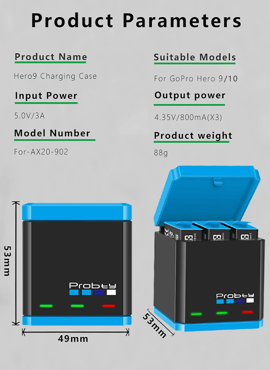 Зарядное устройство Probty для GoPro Hero 11 10 9 1850 мАч 3 слота |