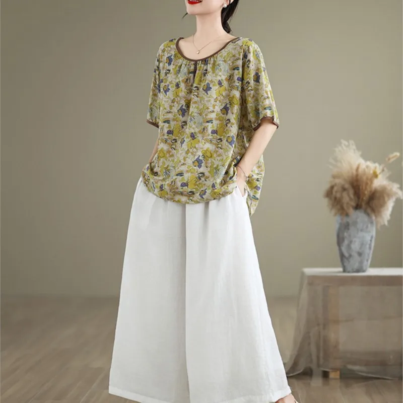 Женский пуловер с принтом Johnature Повседневная Свободная блузка круглым вырезом и