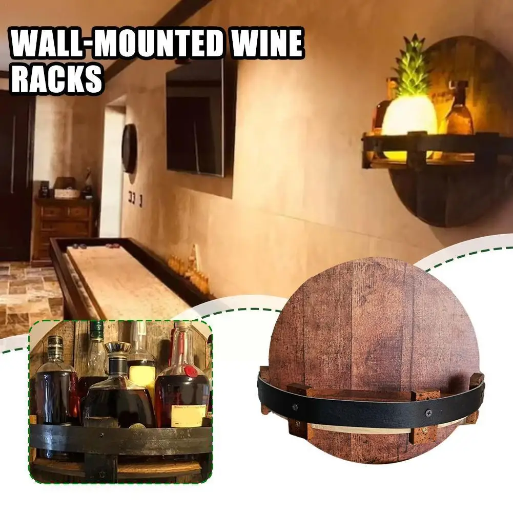 

Bourbon Whiskey Barrel Shelf Durable Wine Rack Wall Wine Holder With Pu Leather Guardrail 7 Bottle Holder For Home Kitchen Z3a0