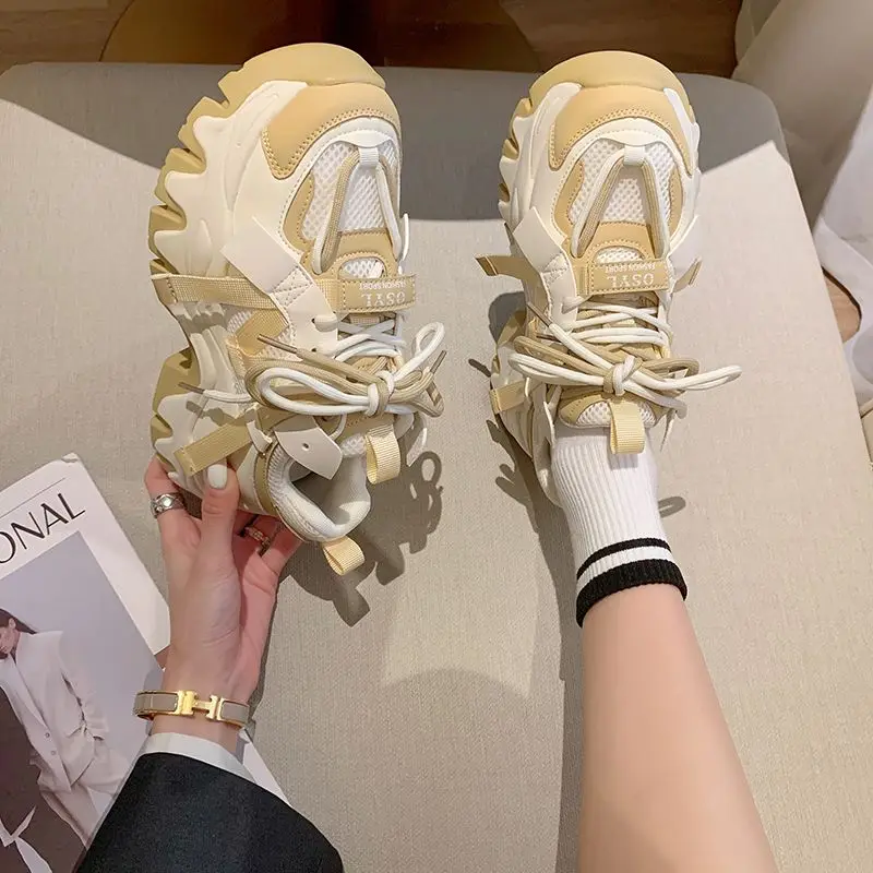 Top Layer Cowhide Platform Popular Dad Shoes Women's 2023 Spring and Autumn New Height Increasing Sports Muffin Running