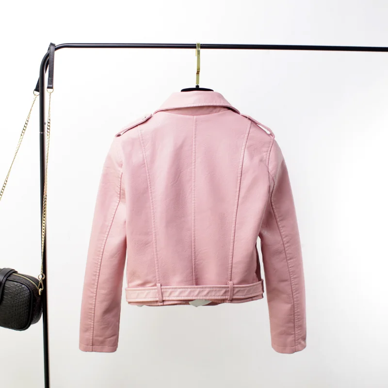 Spring Autumn Motorcycle Jacket Women Solid Color Slim Zipper Button Short Jacket Women Long Sleeve Turn-down Collar PU Jacket