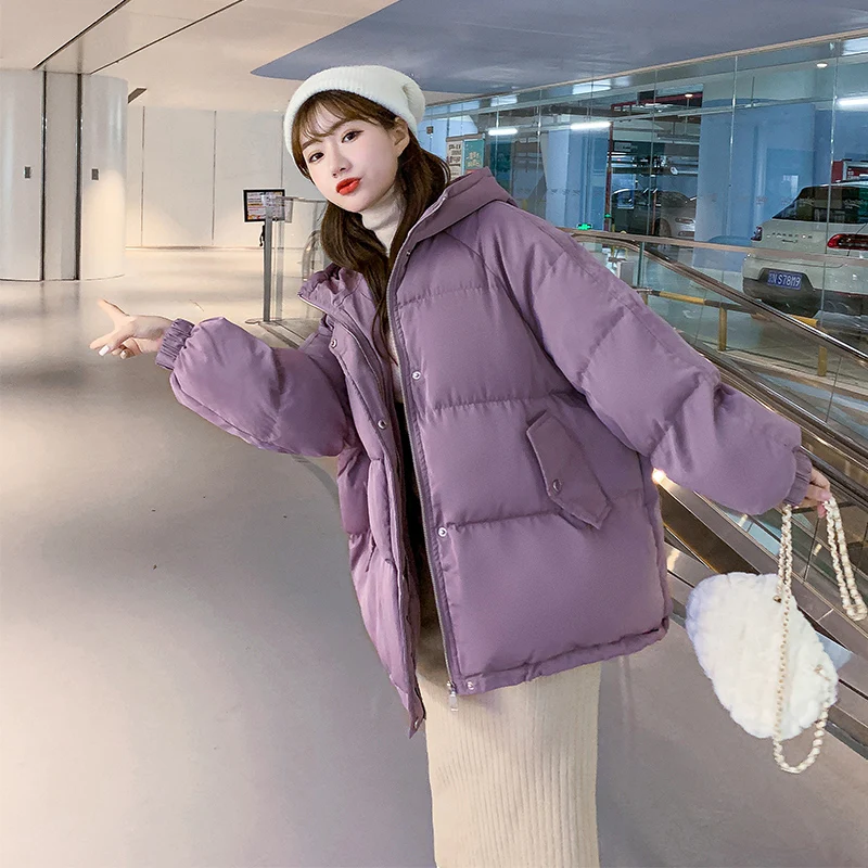 2022 Winter Women Cotton Padded Coats Thick Warm Solid Oversized Jacket Korea Harajuku Loose Casual Outerwear Purple Black Cloth
