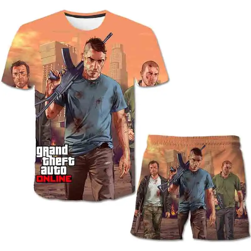 

Комплект одежды Gta5 для девочек, футболка и шорты с надписью «Grand Theft Auto Game», модный Детский костюм, повседневная одежда