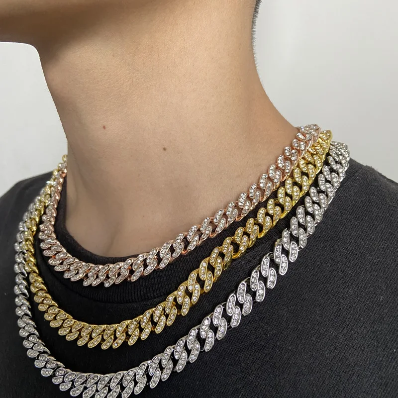 

10mm Miami Cuban Choker Link Necklace Silver Color Iced Out Bling Cuban Link For Men Hip hop Jewelry Style Full Drill Chain Gift