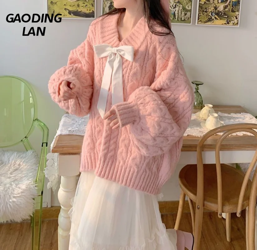 

GAODINGLAN Autumn Winter Women Soft Cookie Pink Loose V-neck Lazy Style Sweater Long Sleeve Solid Color Knitted Top Bow Pullover