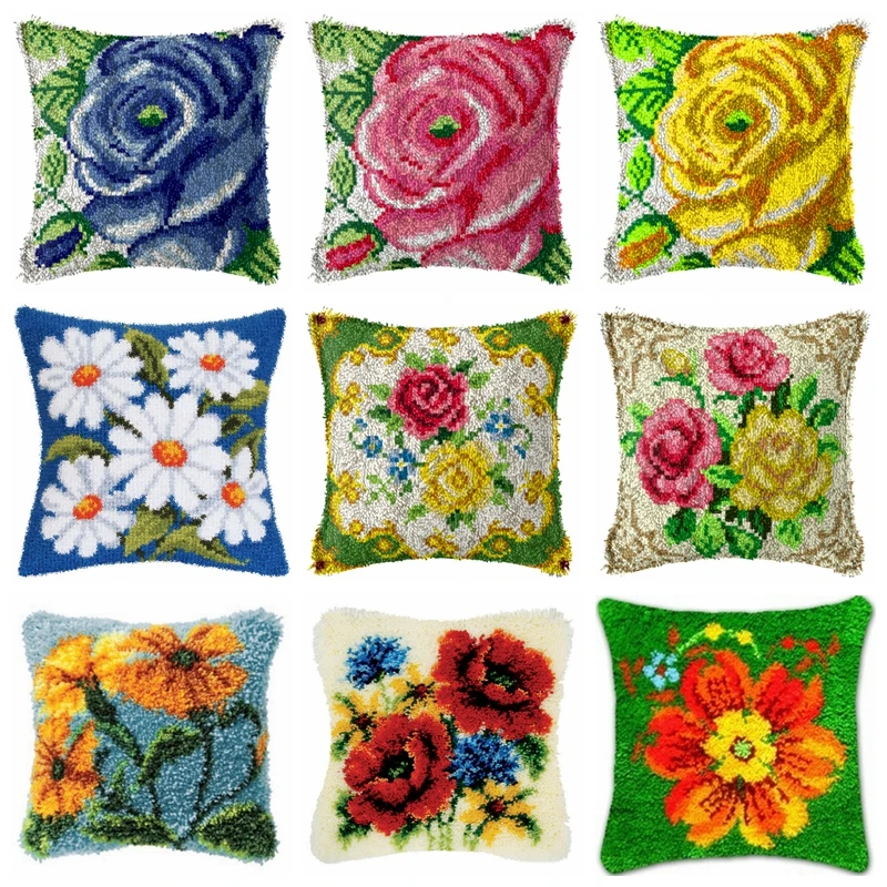 

Latch Hook Cushion Kits Flower Pillow Case Crochet Hobby & Crafts DIY Yarn for Embroidery Cushion Cover Sofa Bed Pillows