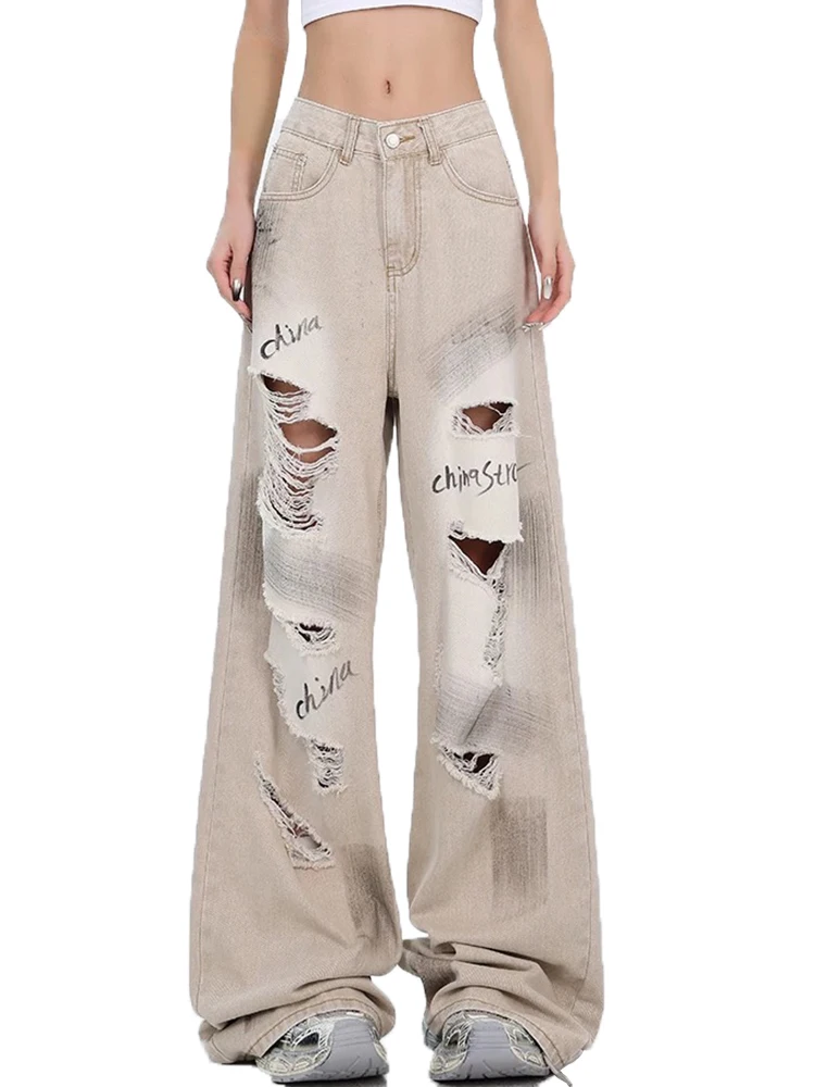 Джинсы женские с высокой талией базовые уличные штаны вырезами Модные свободные