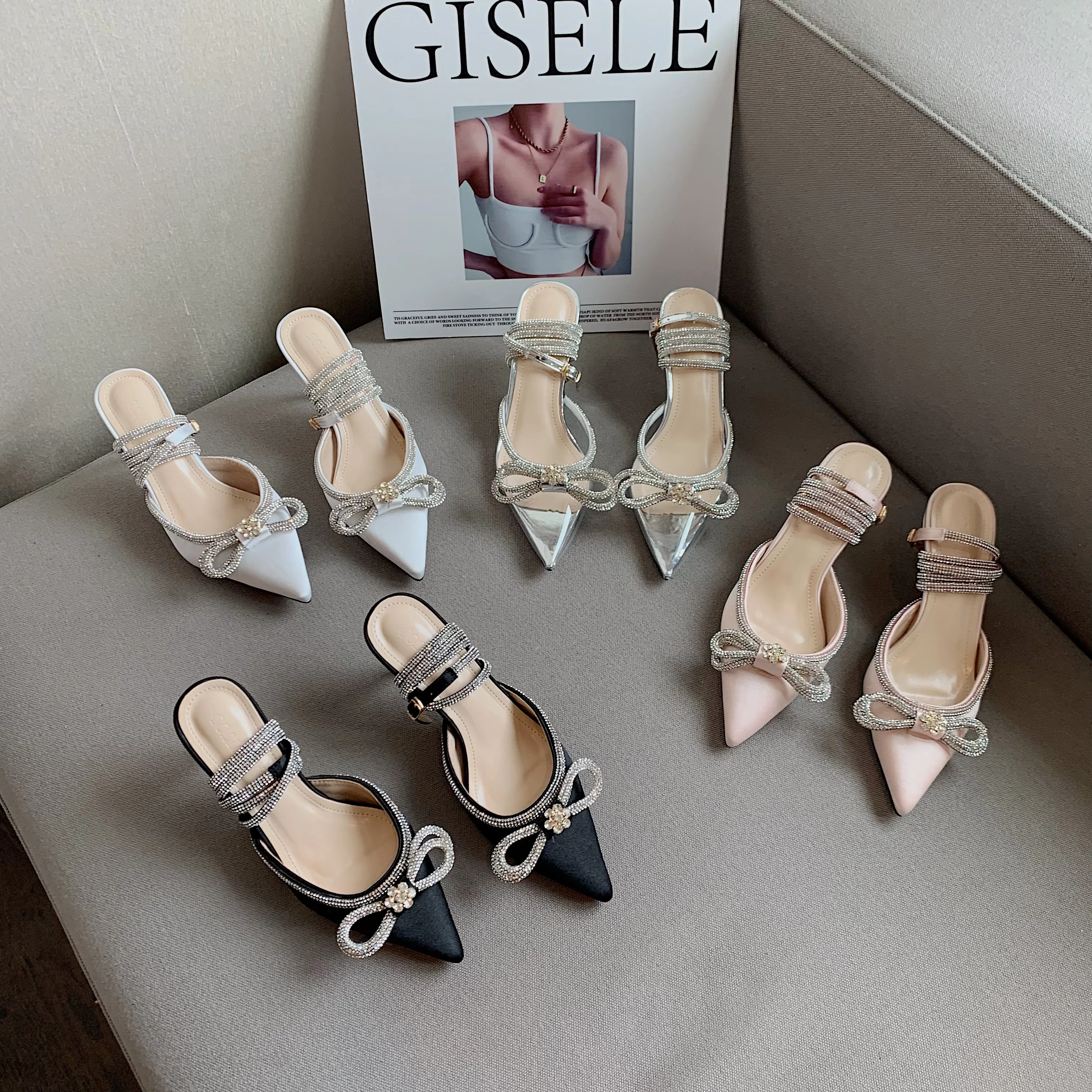 

Silk Women Sandals Pointed Toe Bow Design Rhinestone Chain Ankle Strap Thin High Heels Dress Shoes Woman Pink Big Size 35-42