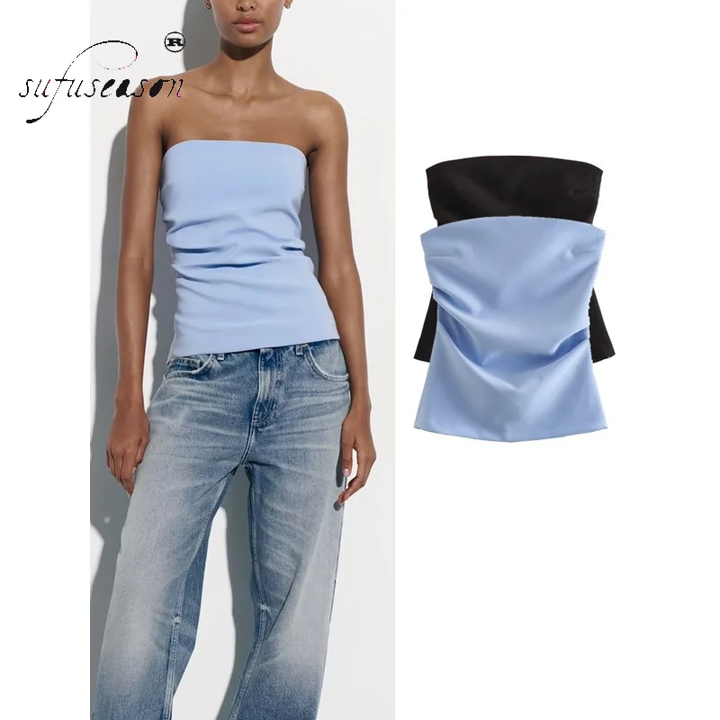 

Tube Top Women Pale Blue Corset Crop Top Fashion Sexy Off Shoulder Bustier Tops For 2023 Summer Backless Ruched Female Traf