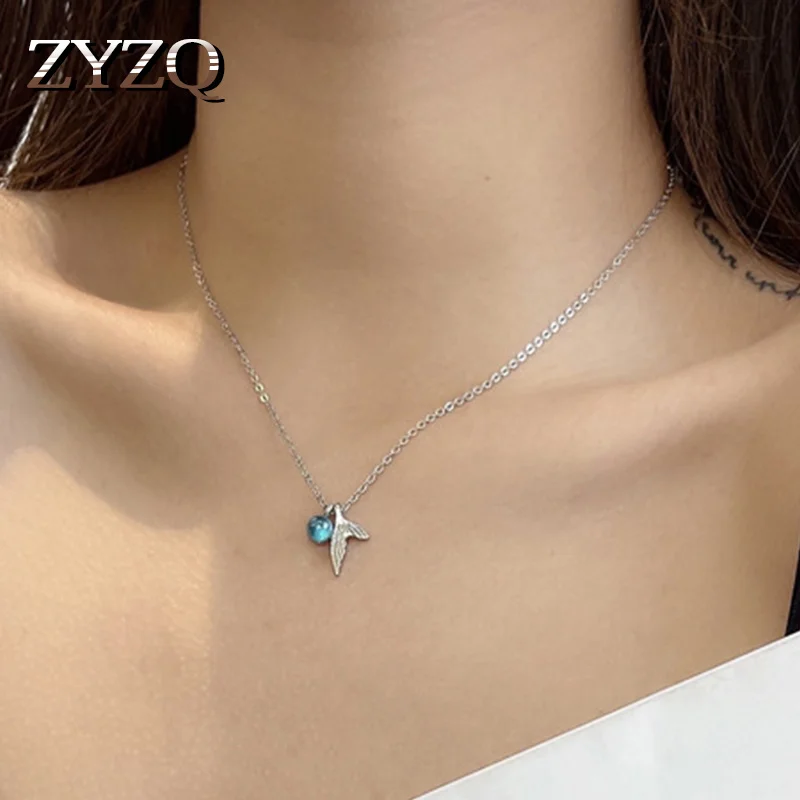 ZYZQ ins Small Fresh Metal Fishtail Blue Beads Pendant Necklace for Women Elegant Temperament Short Clavicle Chain Fine Jewelry |