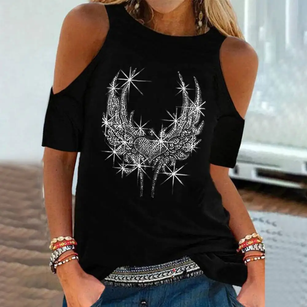 

Black Casual T-shirt Pullover Top For Women Clothing Short Shoulder Sleeve Summer 2023 Y2k Tops Korean Fashion Female Crop Top