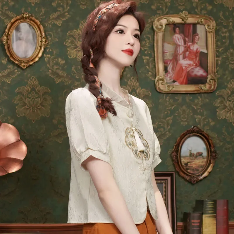 Женская шифоновая блузка с коротким рукавом и оборками вышивкой кисточками