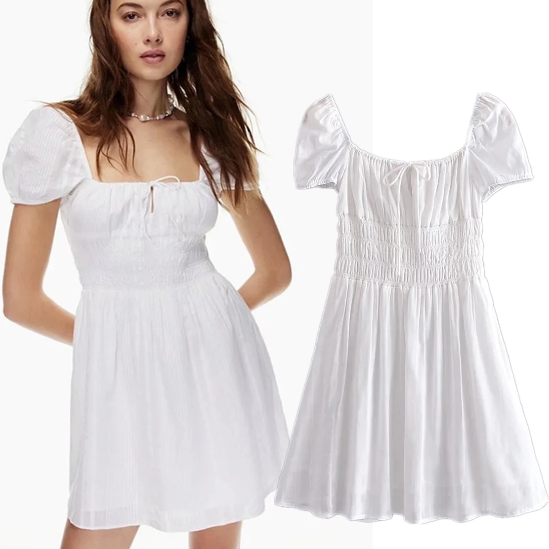 

Dave&Di French Style Indie Folk Vintage Square Collar Pleated Sheath Pure White Cotton Mini Dress Summer Beach Fashion Dress Wom