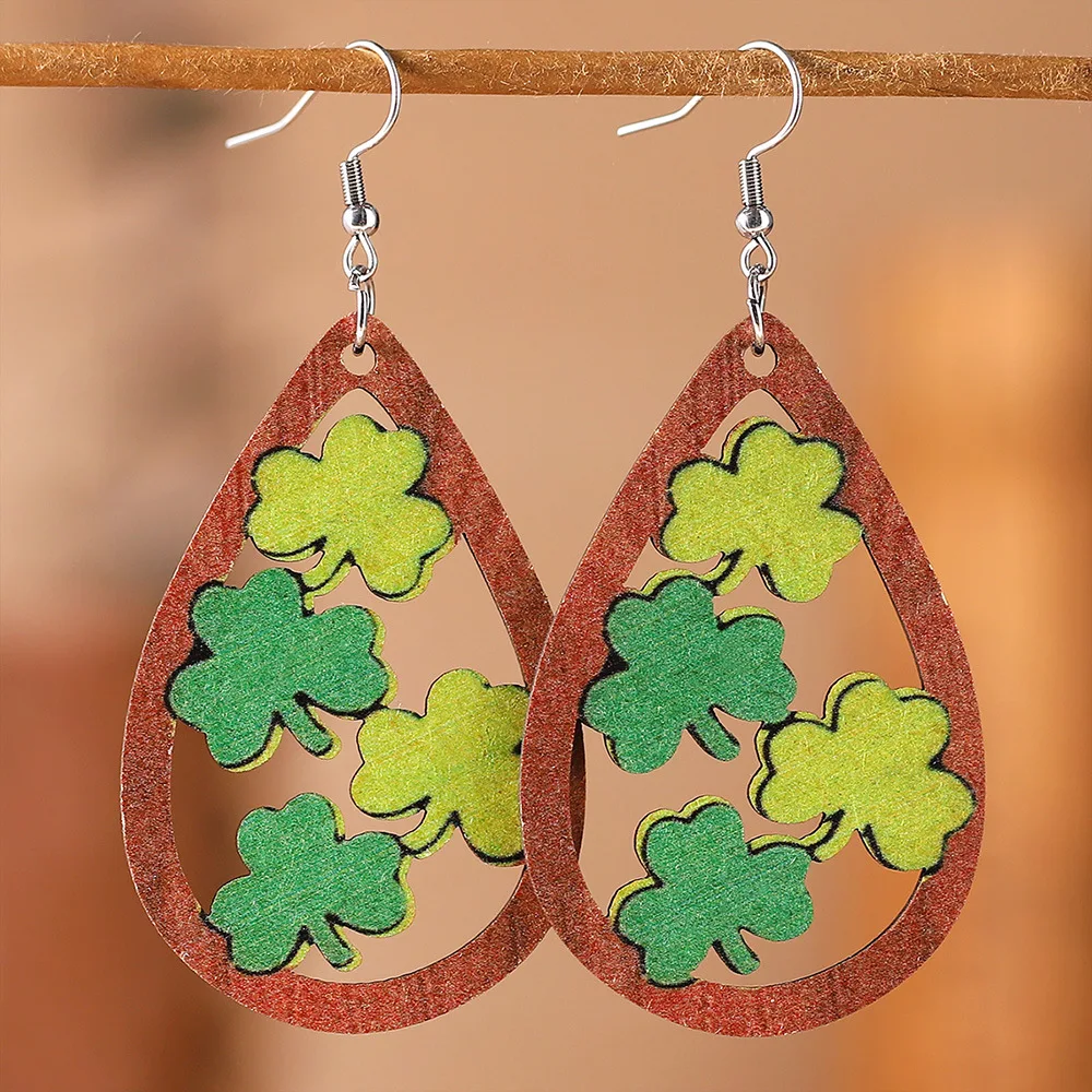 

Leopard LOVE Clover Dwarf Earrings Irish Green St. Patrick's Day Hollow out Love Clover Double Sided Water Drop Wooden Earrings