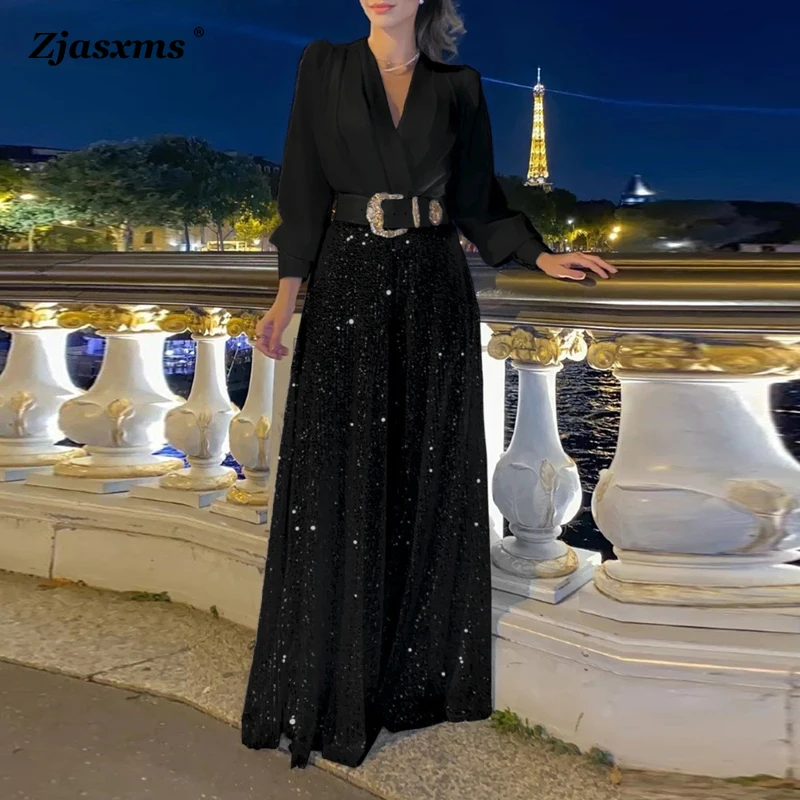 

Женский свободный комбинезон с длинными рукавами, повседневный однотонный комбинезон с V-образным вырезом и широкими штанинами, с блестками, весна-лето 2023