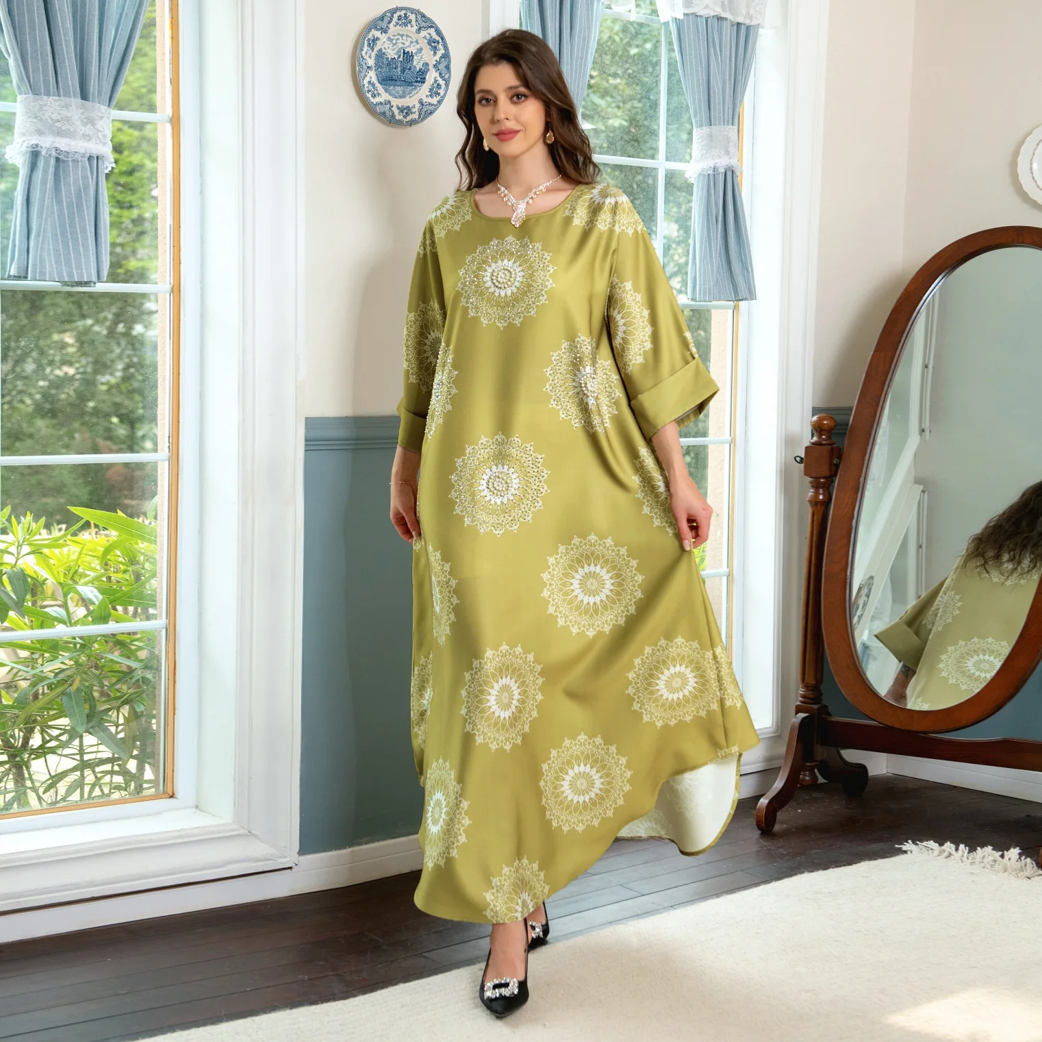 Irregular Robe 2023 Cross Border Women's Flower Hot Diamond Bubble Bead Light Luxury Craft Printed Dress Muslim Dress Women
