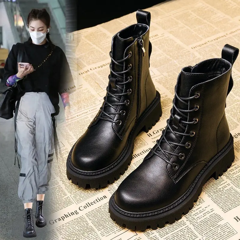 Женские ботинки на шнуровке, черные кожаные ботильоны на платформе, дляосени и зимы, 2023
