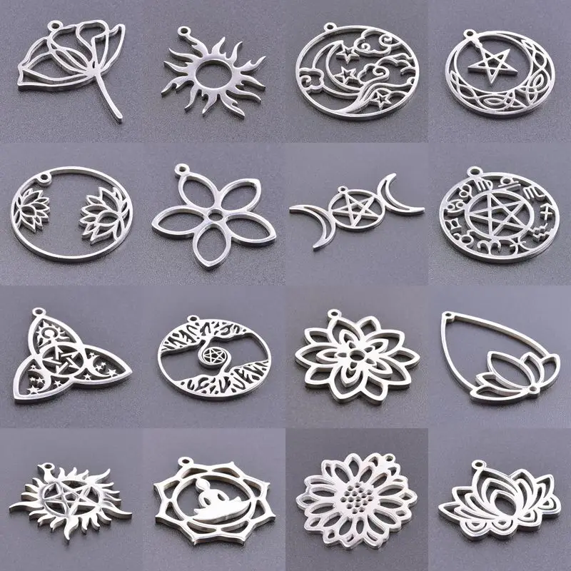 

5pcs/lot Classic Water Drop Lotus Flower Stainless Steel Pendants Jewelry Makings Craft Necklace Star Sun Amulet DIY Materials