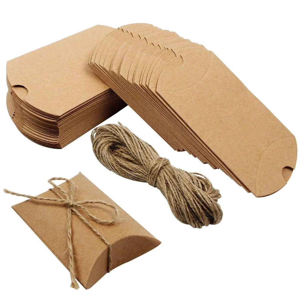 

10pcs Kraft Pillow Box Gift Boxes with Jute Twines Paper Wedding Gift Box for Jewelry Packaging Small Handicarft Packing Sale