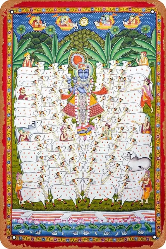 Gopshtm Shrnthj Wth Cows - Krshn Pchw Wll SculpturesSgn Home Vntge Decor Pntng Metl Tn Sgn 12X8 nch