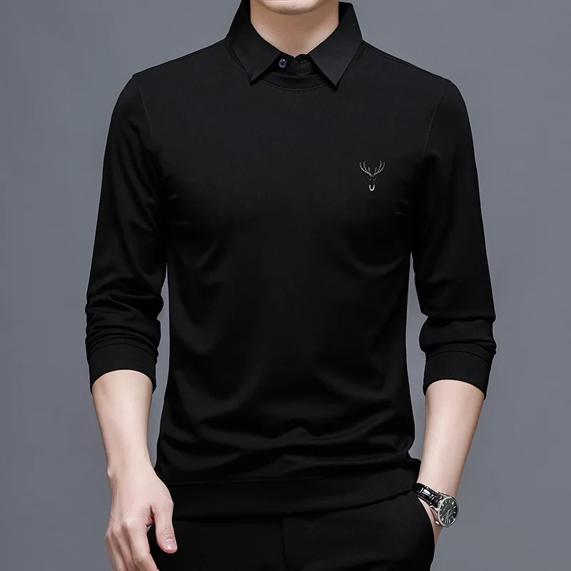 

2022 Spring Casual T-shirts for Men's Fake Two-piece Lapel Print Pullovers Male Clothing All-match Business Social Knitted Tops