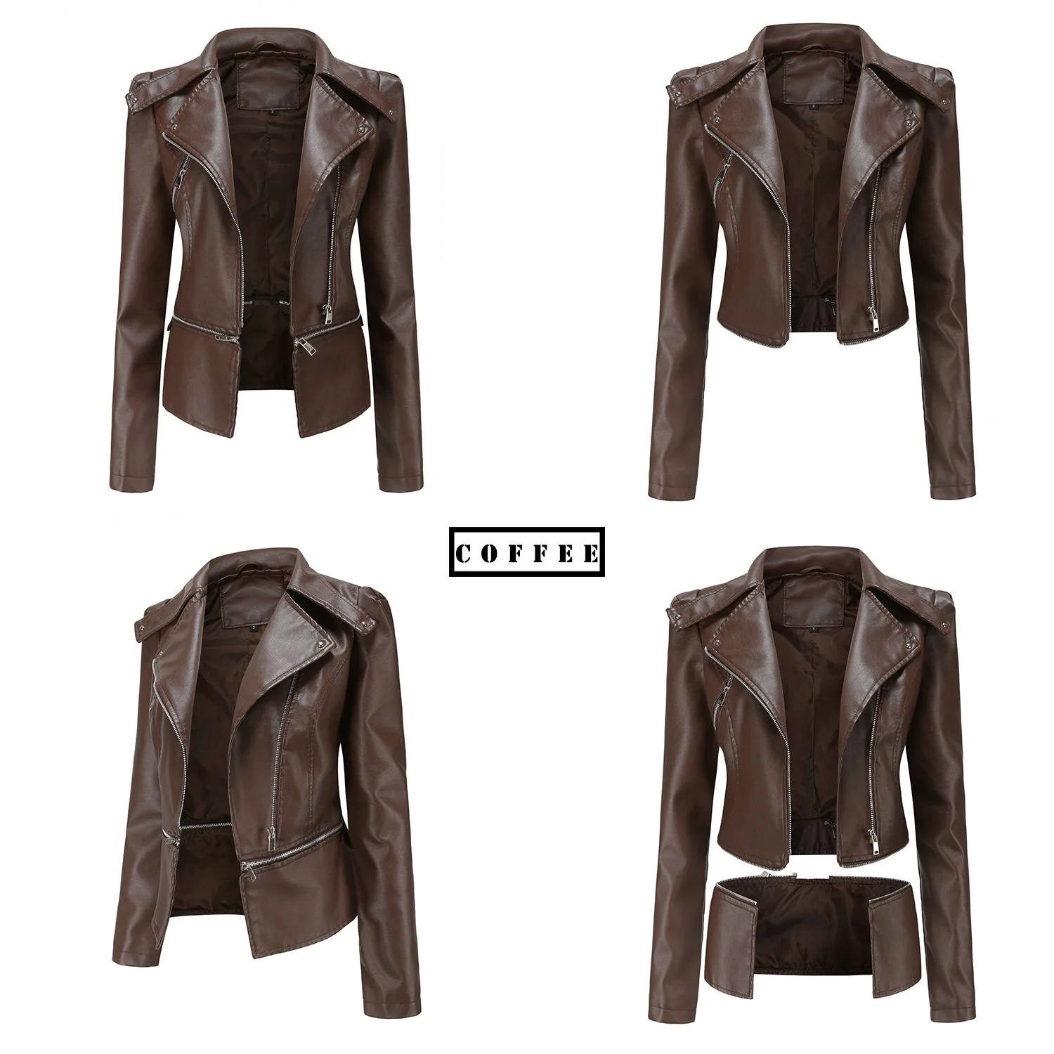 Street Style Spring and Autumn Hair Women's Leather Jacket Long Sleeve Removable High Waist Coat