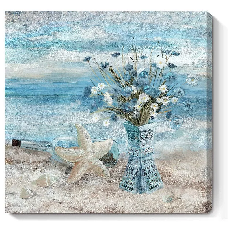 

NEW-Bathroom Decor Wall Art Blue Beach Picture Ocean Theme Flower Canvas Painting Framed Seaside Artwork Floral Daisy Vase