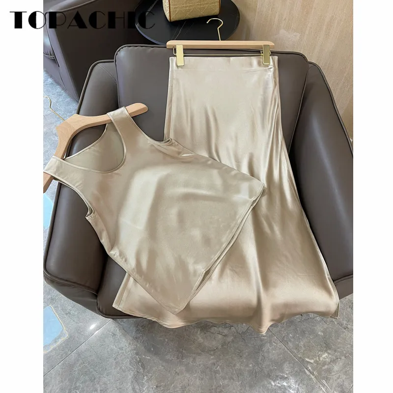 

6.11 High Quality Simplie Temperament Acetate Two Piece Set O-Neck Sleeveless Tank Top + High Waist Split Skirt Women