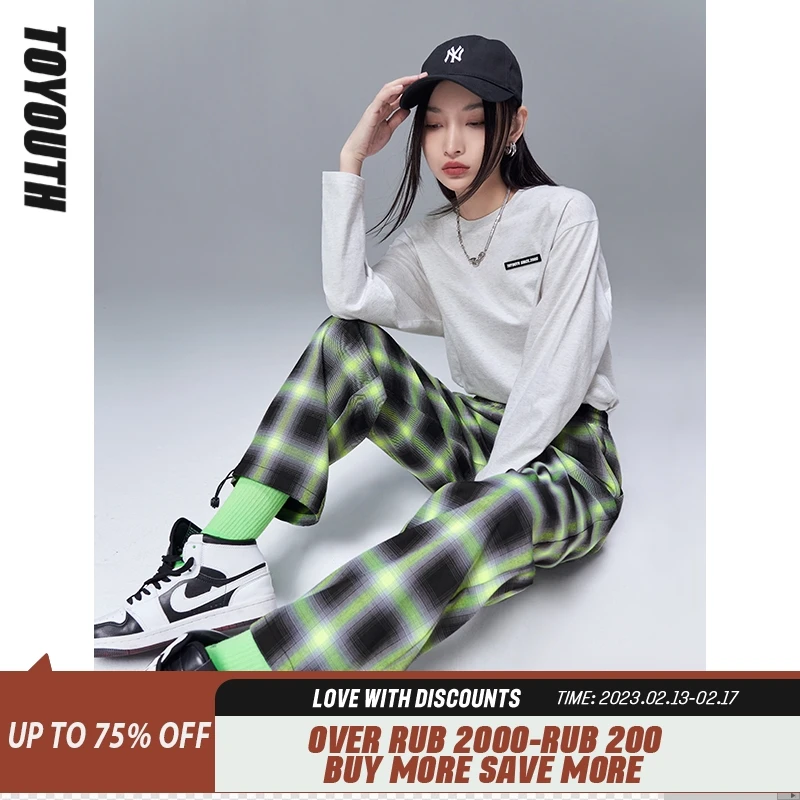 

Toyouth Women Pants 2022 Spring Adjustable Drawstring Pant Leg Plaid Check Chic Casual Trouser