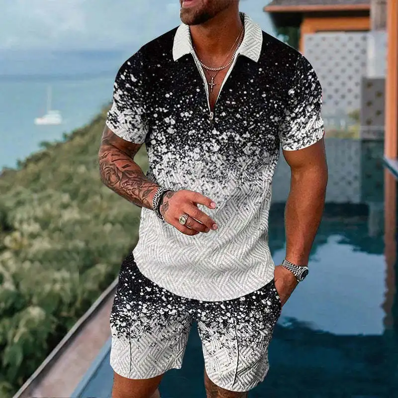 2023 Summer Fashion Sports Suit Zipper Polo Shirt 2-piece Men's Oversized Business Casual Print Suit Men Clothing Oversized Size