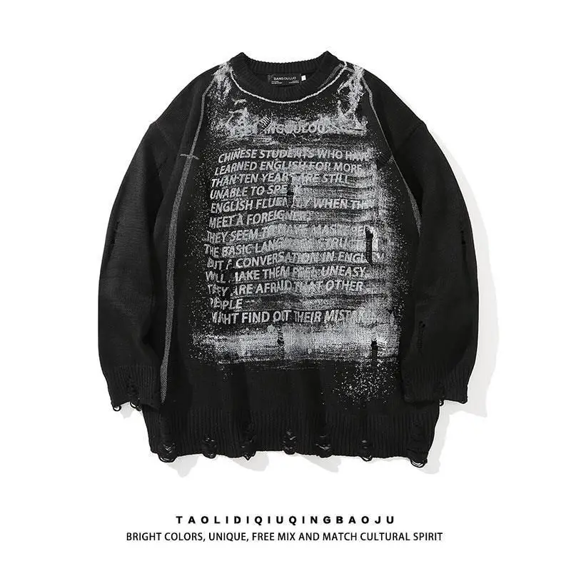 

Raw Hole Knit Sweater Women High Street Sweater Men 2022 Autumn Winter Retro O-neck Hip-hop Tops Loose Pullover Couples Clothes