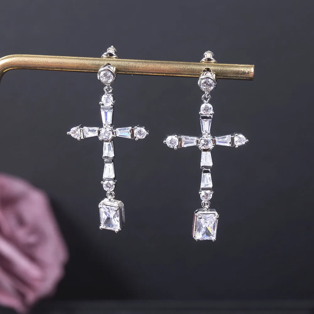 

SIPENGJEL винтажные квадратные хрустальные Висячие серьги для женщин крест кулон сверкающий Циркон висячие серьги вечерние свадебные ювелирны...