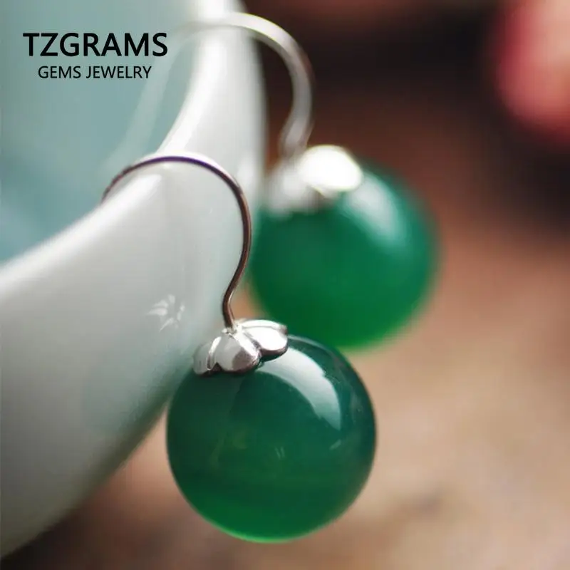 

925 Sterling Silver Jewelry Drop Earrings For Women Green Black Agate Natural Stone Simple Round Beads Oorbellen 2017