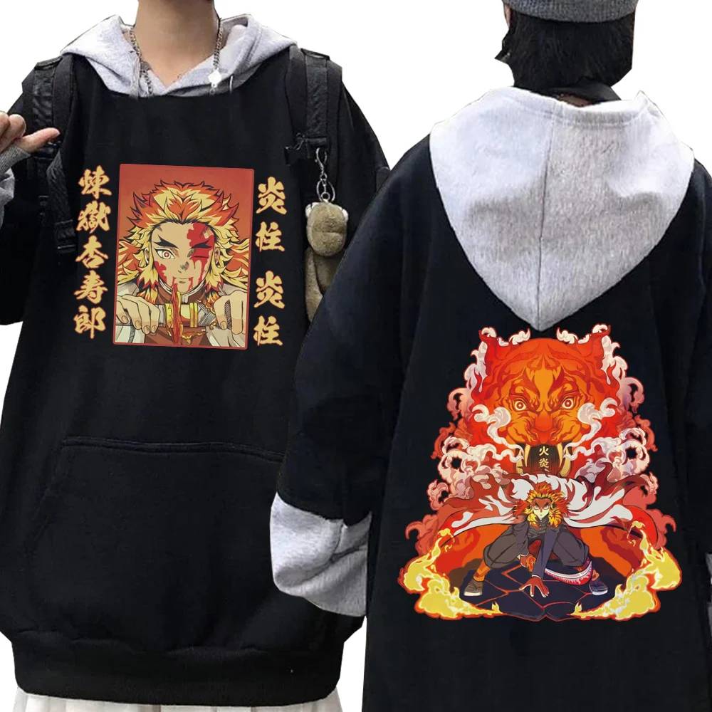 

Anime Demon Slayer Rengoku Hoodie Pullovers Tops Patchwork Sleeves Harajuku Hip-Hop Man Woman