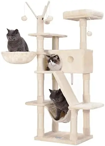 

POPTOP Cat Tree, 61 inch Tower for Indoor Cats, House with Padded Platform Bed, Toy Balls, Large Cozy Condo, Hammocks and Sisa