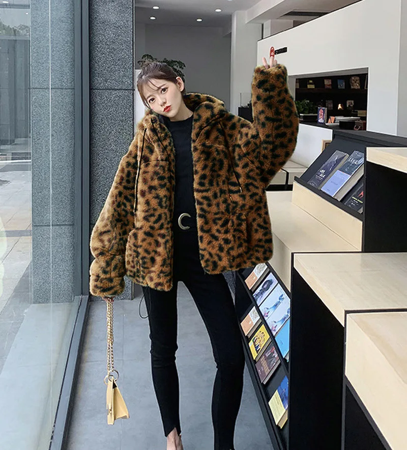 Faux Fur Coats Women Clothing Thick Winter Plus Size Loose Warm Outwear Imitation Mink Fleece Casual Leopard Hooded Jacket Parka