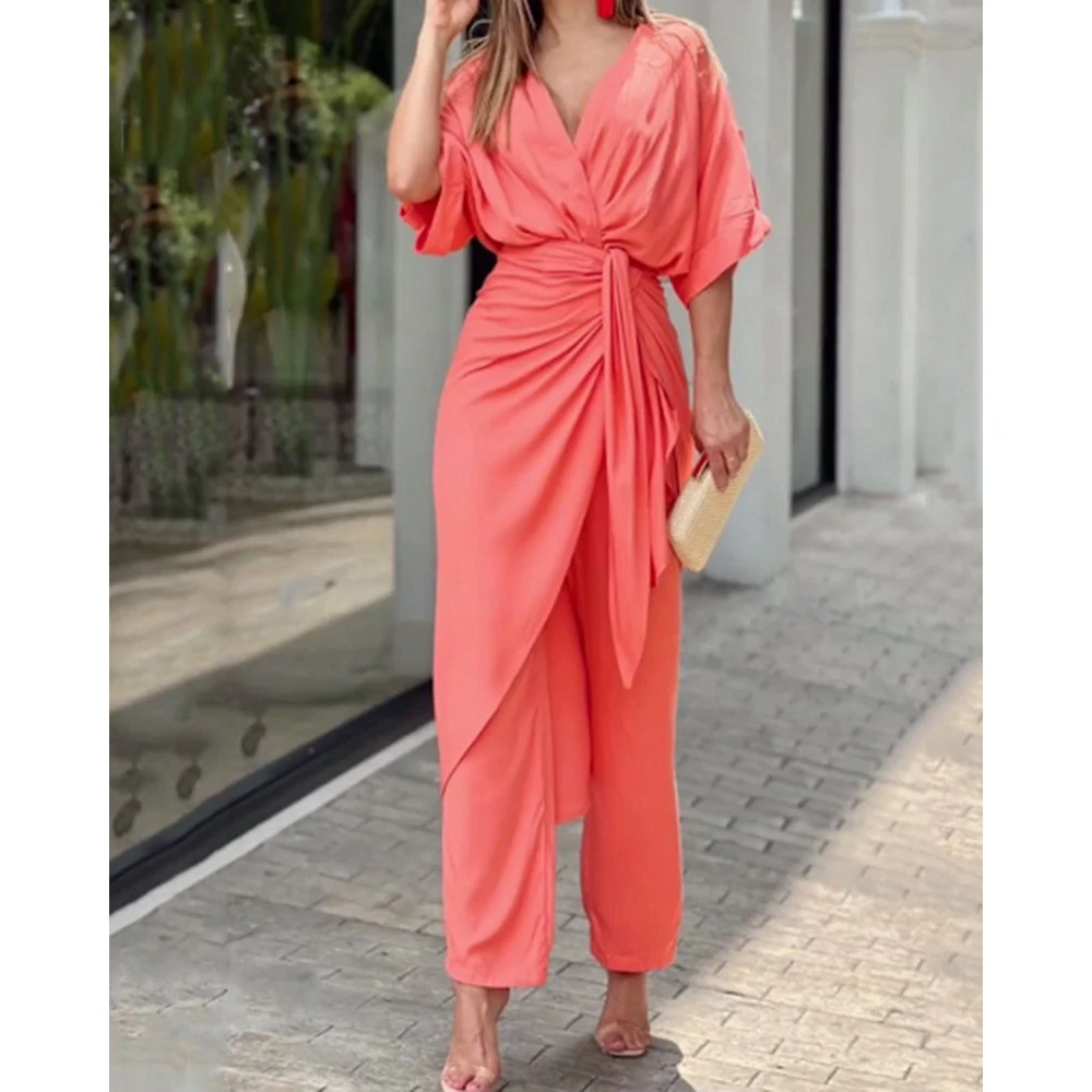 Lady Solid Elegant Two Pieces Set Women Short Sleeve V-Neck Long Top & High Waist Pencil Pants Set Elegant Woman Clothing