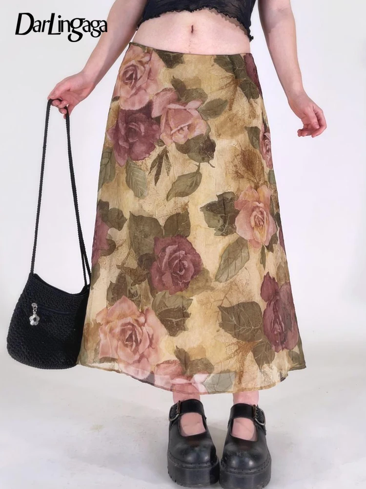 

Darlingaga Y2K Fairycore Grunge Floral Print Low Waist Maxi Skirt Women Vintage Harajuku Mesh Skirts Double Layer Aesthetic Cute